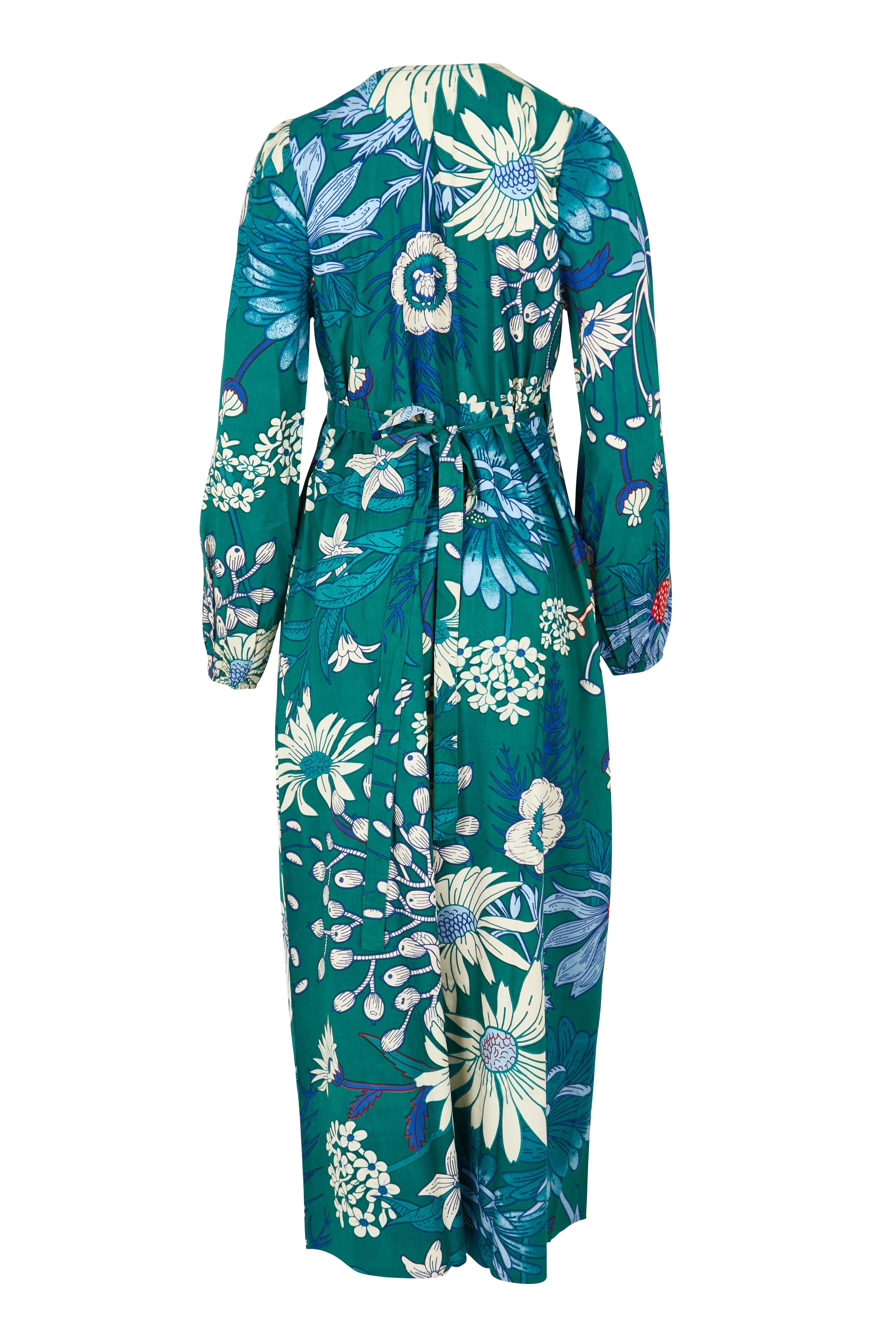 Product shot of the Daphne Maxi Wrap Dress in colour Darkgarden (Green), from the back