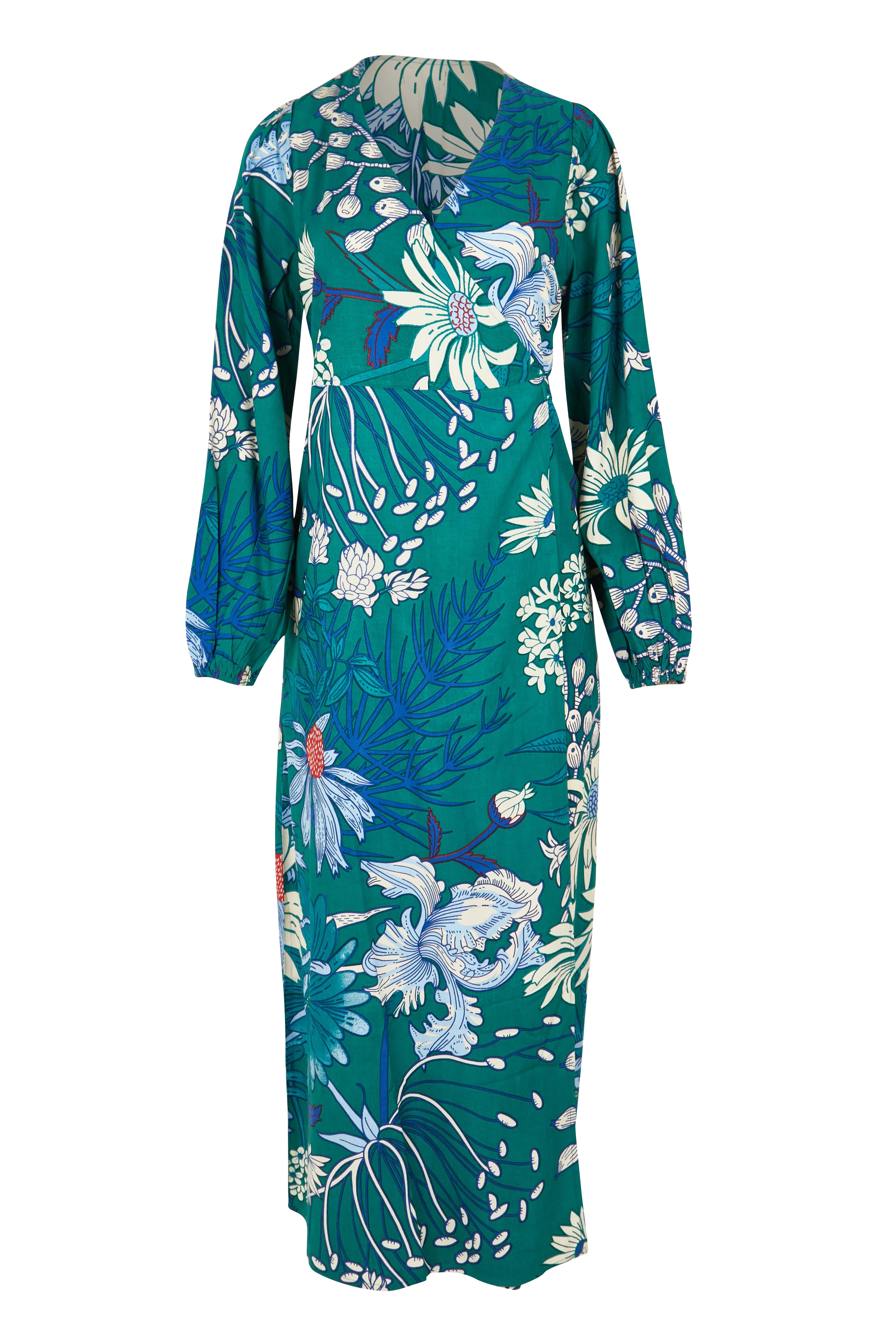 Product shot of the Daphne Maxi Wrap Dress in colour Darkgarden (Green), from the front