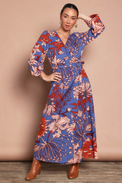 Model Katie wearing size 10 of the Daphne Maxi Wrap Dress in colour Gardenblue (Blue), from the front, showing the whole outfit