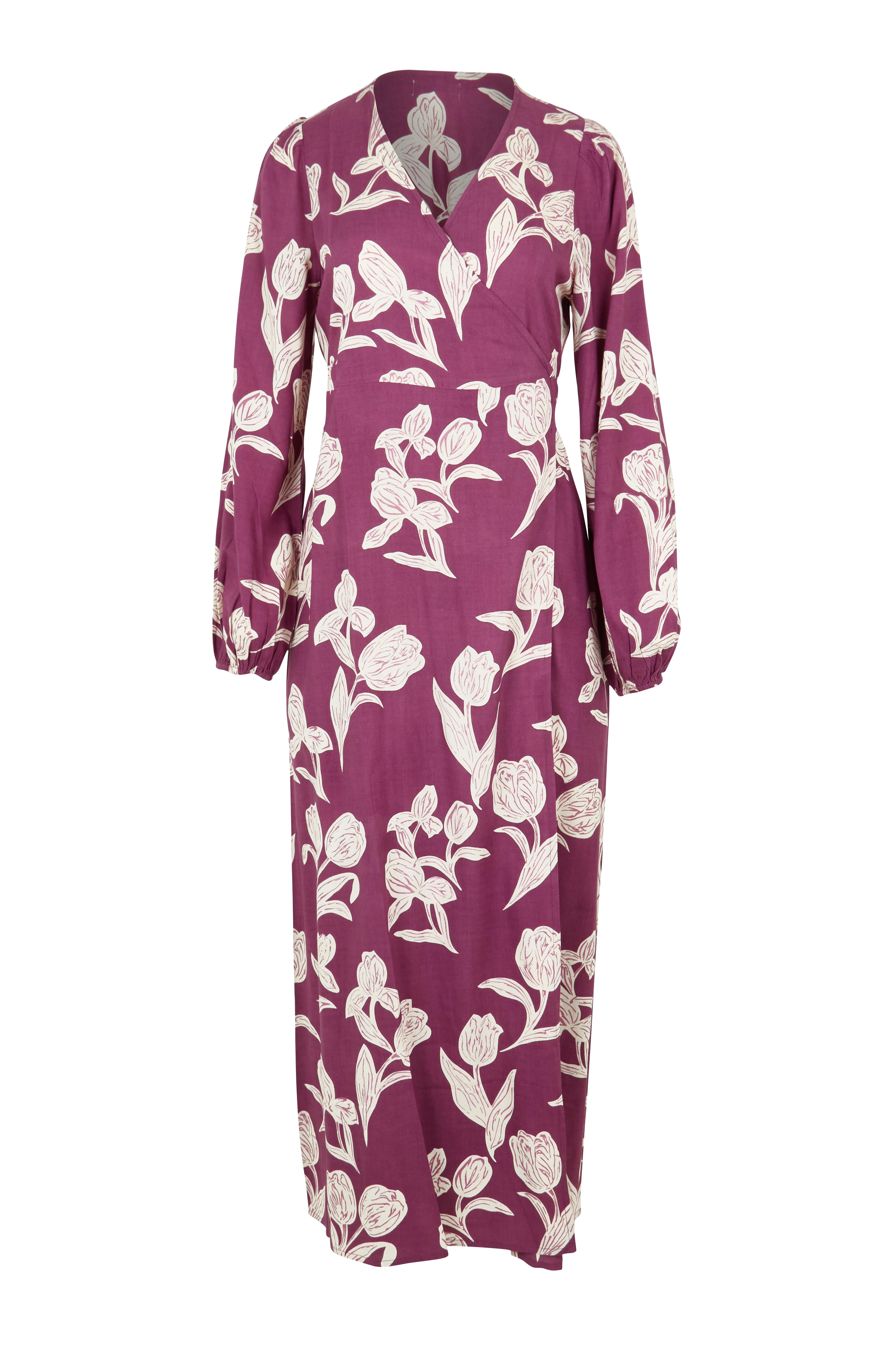 Product shot of the Daphne Maxi Wrap Dress in colour Tulip (Purple), from the front