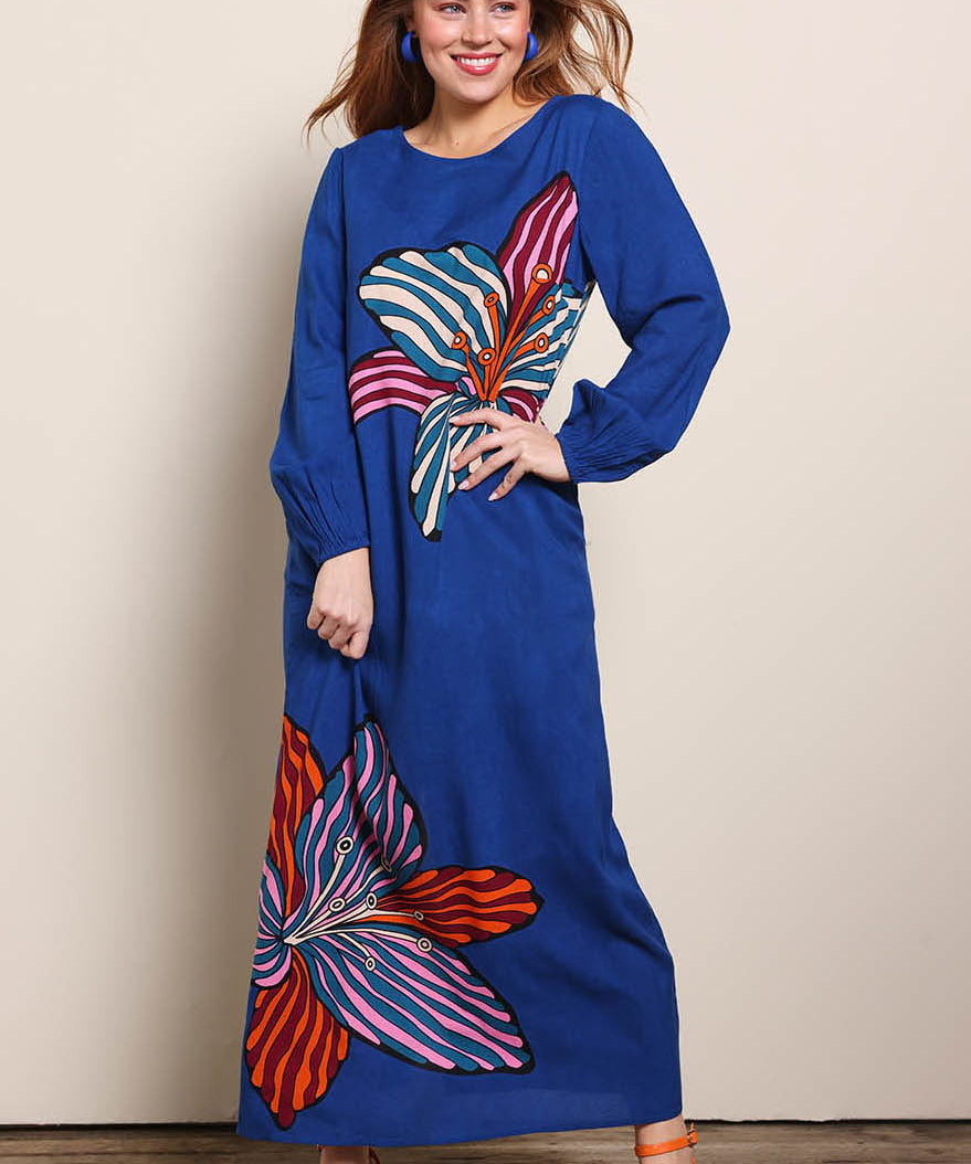 Model Georgiel wearing size 10 of the Zara Shift Dress - Blueflower in colour Blueflower, from the front