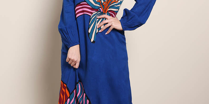 Model Georgiel wearing size 10 of the Zara Shift Dress - Blueflower in colour Blueflower, from the front
