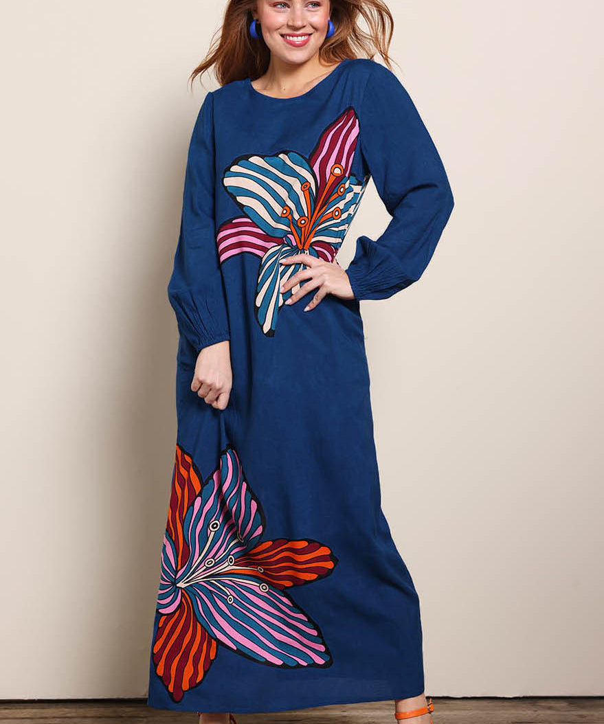 Model Georgiel wearing size 10 of the Zara Shift Dress - Blueflower in colour Blueflower, from the front