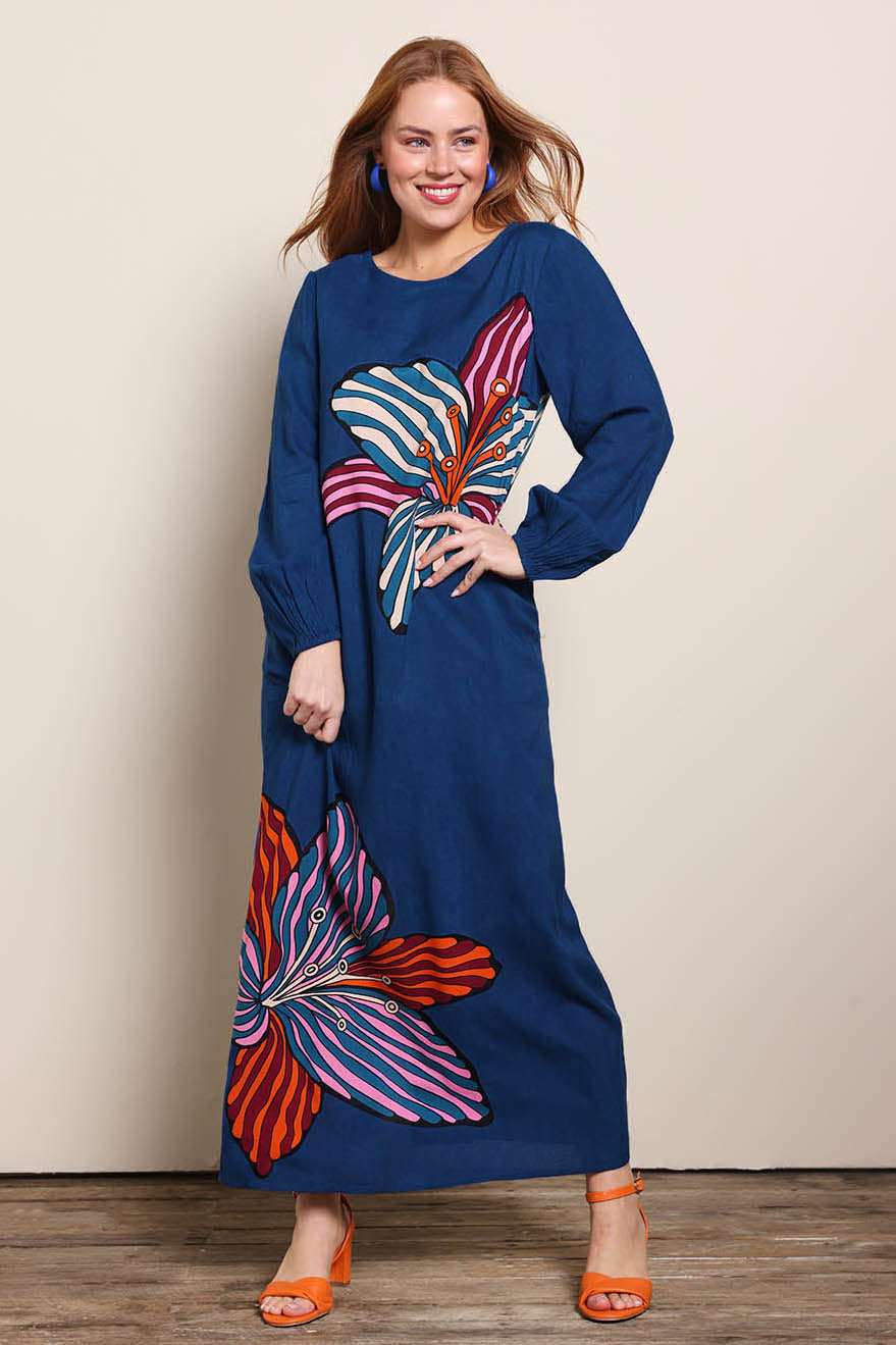 Model Georgiel wearing size 10 of the Zara Shift Dress - Blueflower in colour Blueflower, from the front