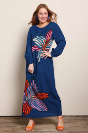 Model Georgiel wearing size 10 of the Zara Shift Dress - Blueflower in colour Blueflower, from the front