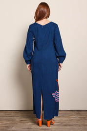 Model Georgiel wearing size 10 of the Zara Shift Dress - Blueflower in colour Blueflower, from the front