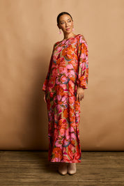 Model Katie wearing size 10 of the Zara Shift Dress in colour Botanical (Red), from the front, showing the whole outfit