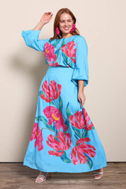 Model Georgiel wearing size 10 of the Harriet Blouse – Meadow in colour Meadow, from the front