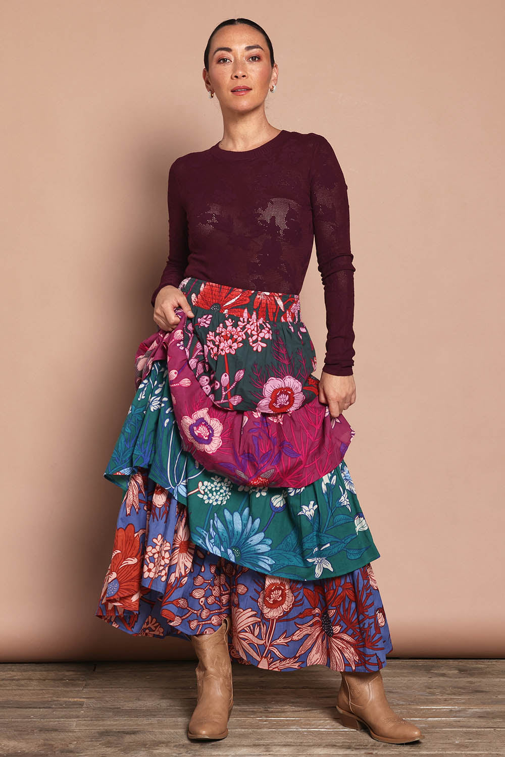 Model Katie wearing size 10 of the Juliet Cotton Tiered Skirt in colour Garden, from the front, showing the whole outfit