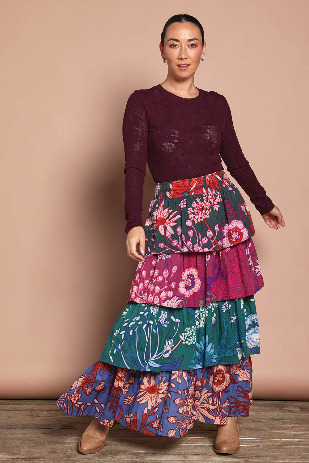 Model Katie wearing size 10 of the Juliet Cotton Tiered Skirt in colour Garden, from the front, showing the whole outfit