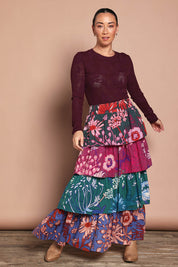Model Katie wearing size 10 of the Juliet Cotton Tiered Skirt in colour Garden, from the front, showing the whole outfit