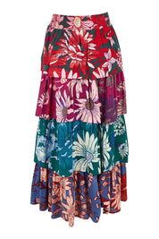 Product shot of the Juliet Cotton Tiered Skirt in colour Garden, from the back