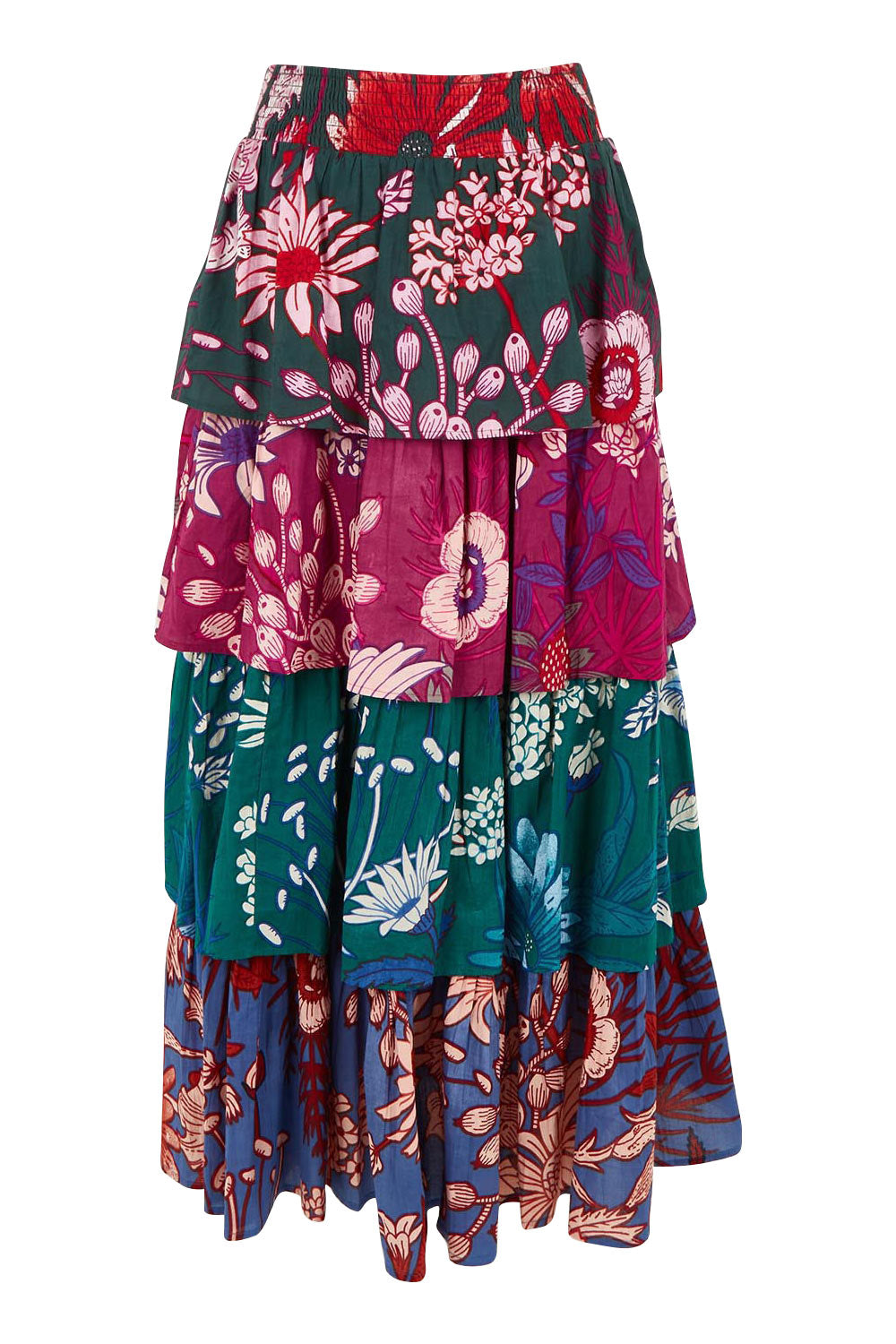 Product shot of the Juliet Cotton Tiered Skirt in colour Garden, from the front