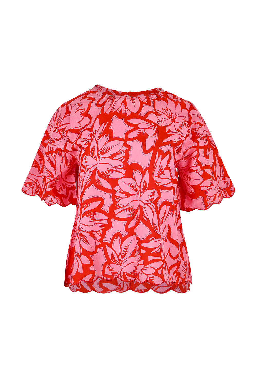 Product shot of the Valentina Cotton Scalloped Hem Top in colour Flowerpop (Red), from the front