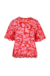 Product shot of the Valentina Cotton Scalloped Hem Top in colour Flowerpop (Red), from the front