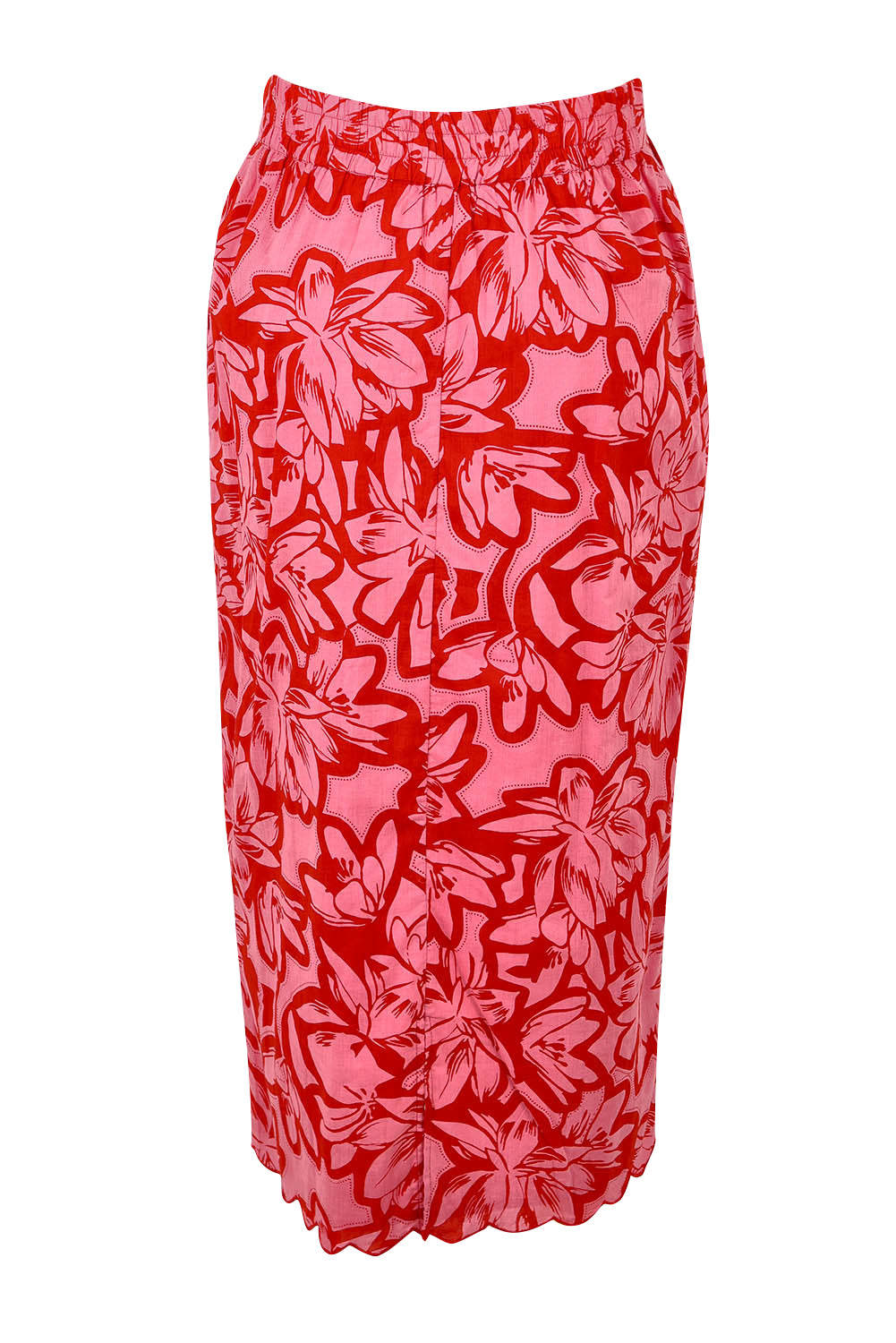 Product shot of the Camilla Cotton Scalloped Hem Skirt in colour Flowerpop (Red), from the back