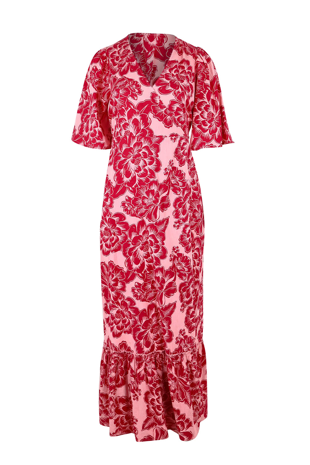 Product shot of the Anastasia Cotton Wrap Dress in colour Blooming (Pink), from the front