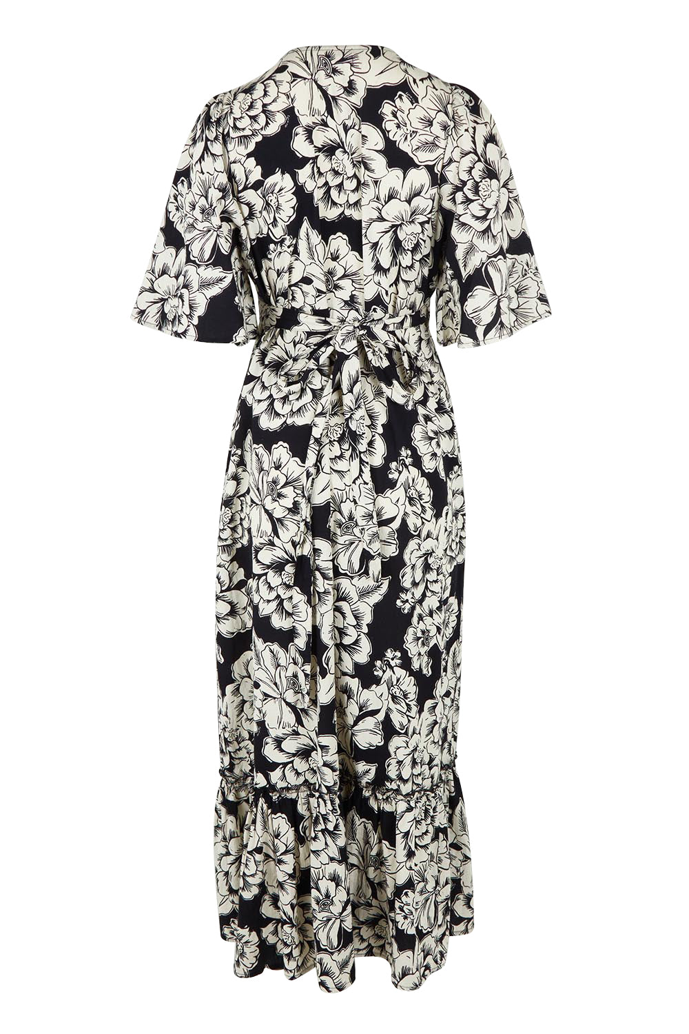 Product shot of the Anastasia Cotton Wrap Dress in colour Blooming (Black), from the back