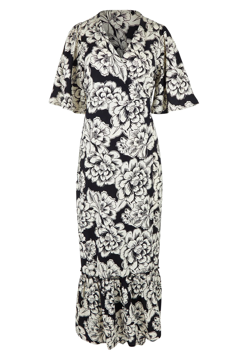 Product shot of the Anastasia Cotton Wrap Dress in colour Blooming (Black), from the front