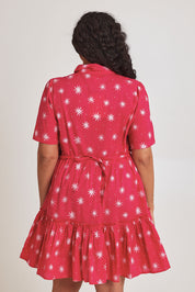 Model Terri-Leigh wearing size 14 of the Nina Cotton Shirt Dress in colour Nightsky (Pink), from the back