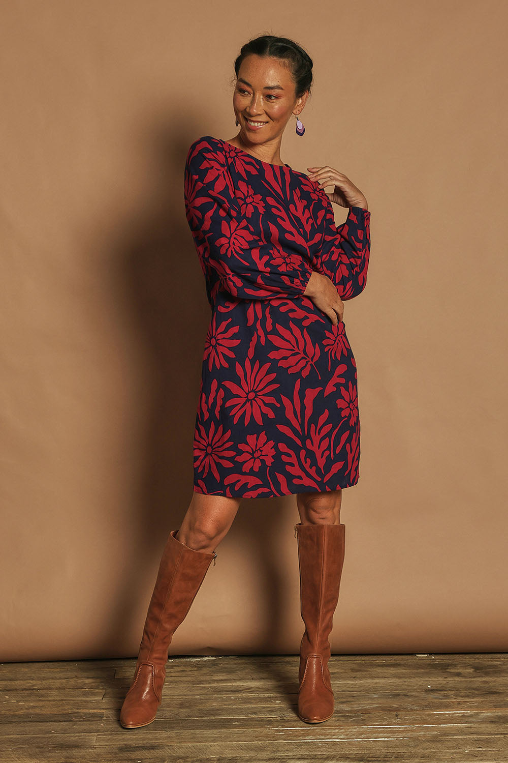 Model Katie wearing size 10 of the Kate Cotton Shift Dress in colour Gerbera (Blue), from the front, showing the whole outfit