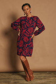 Model Katie wearing size 10 of the Kate Cotton Shift Dress in colour Gerbera (Blue), from the front, showing the whole outfit