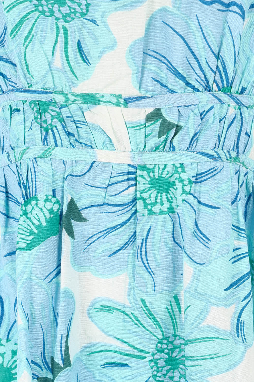 Product shot of the Vivienne Cotton Dress in colour Rosettes (Blue), detail