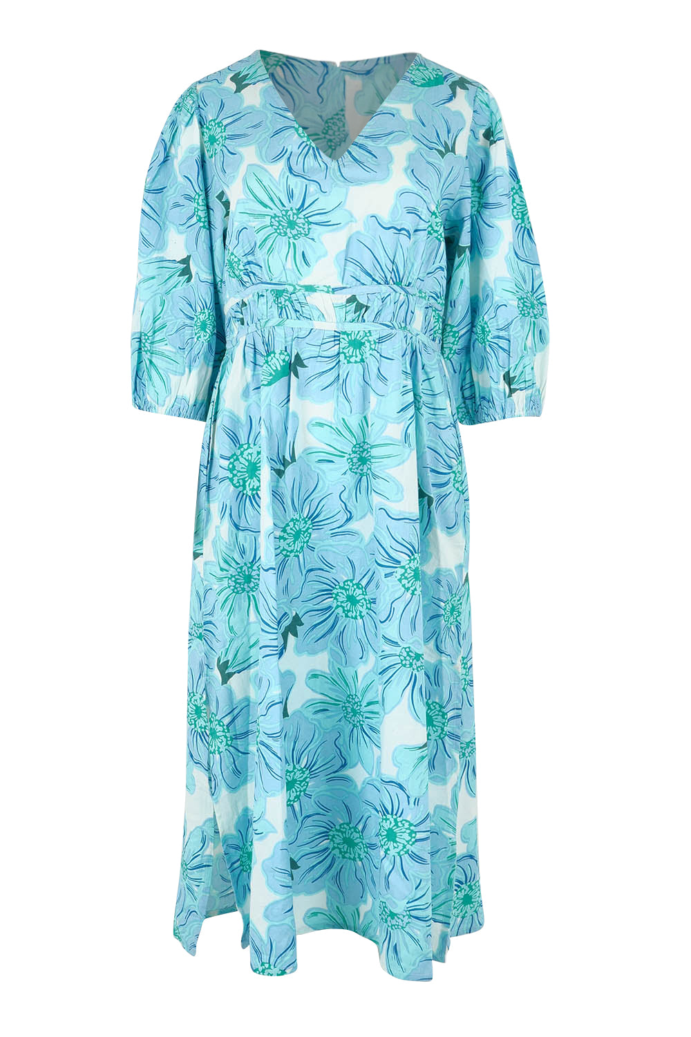 Product shot of the Vivienne Cotton Dress in colour Rosettes (Blue), from the front