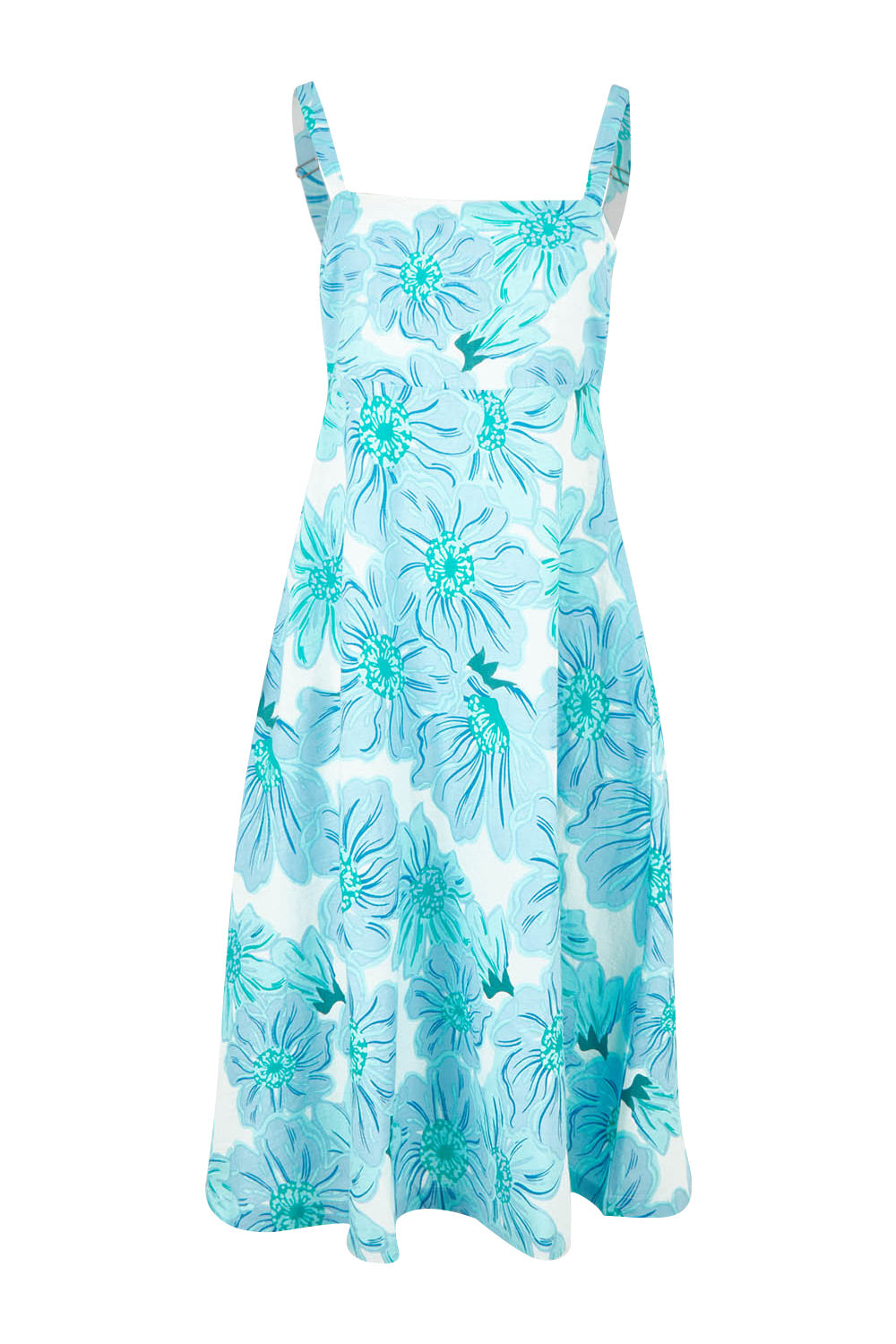 Product shot of the Shelby Cotton Dress in colour Rosettes (Blue), from the front