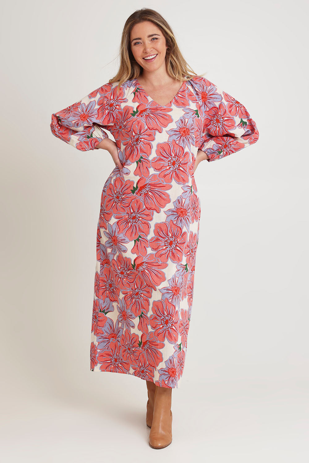 Model Chanel wearing size 16 of the Aimee Aline Cotton Dress in colour Rosettes, from the front, showing the whole outfit