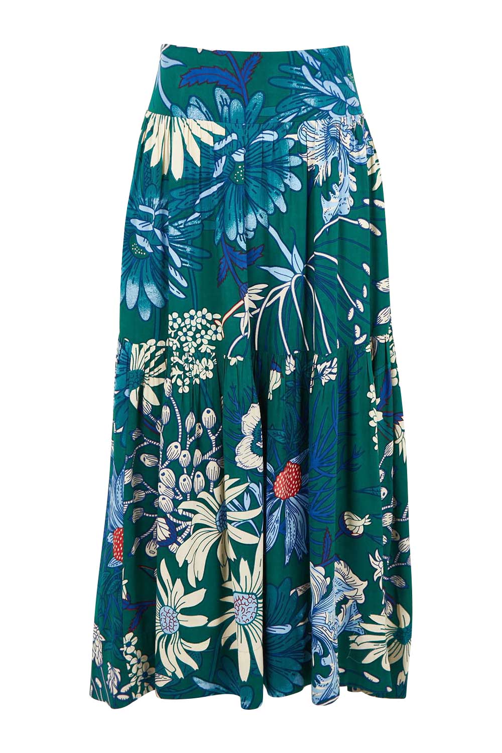 Product shot of the Ella Tiered Skirt in colour Deepgreen (Green), from the front