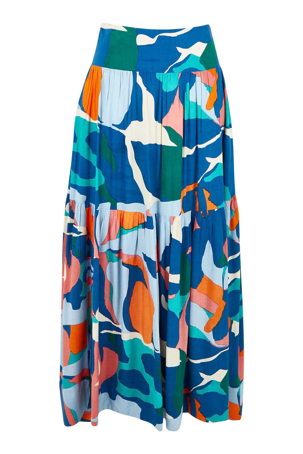 Product shot of the Ella Tiered Skirt in colour Marble (Blue), from the front