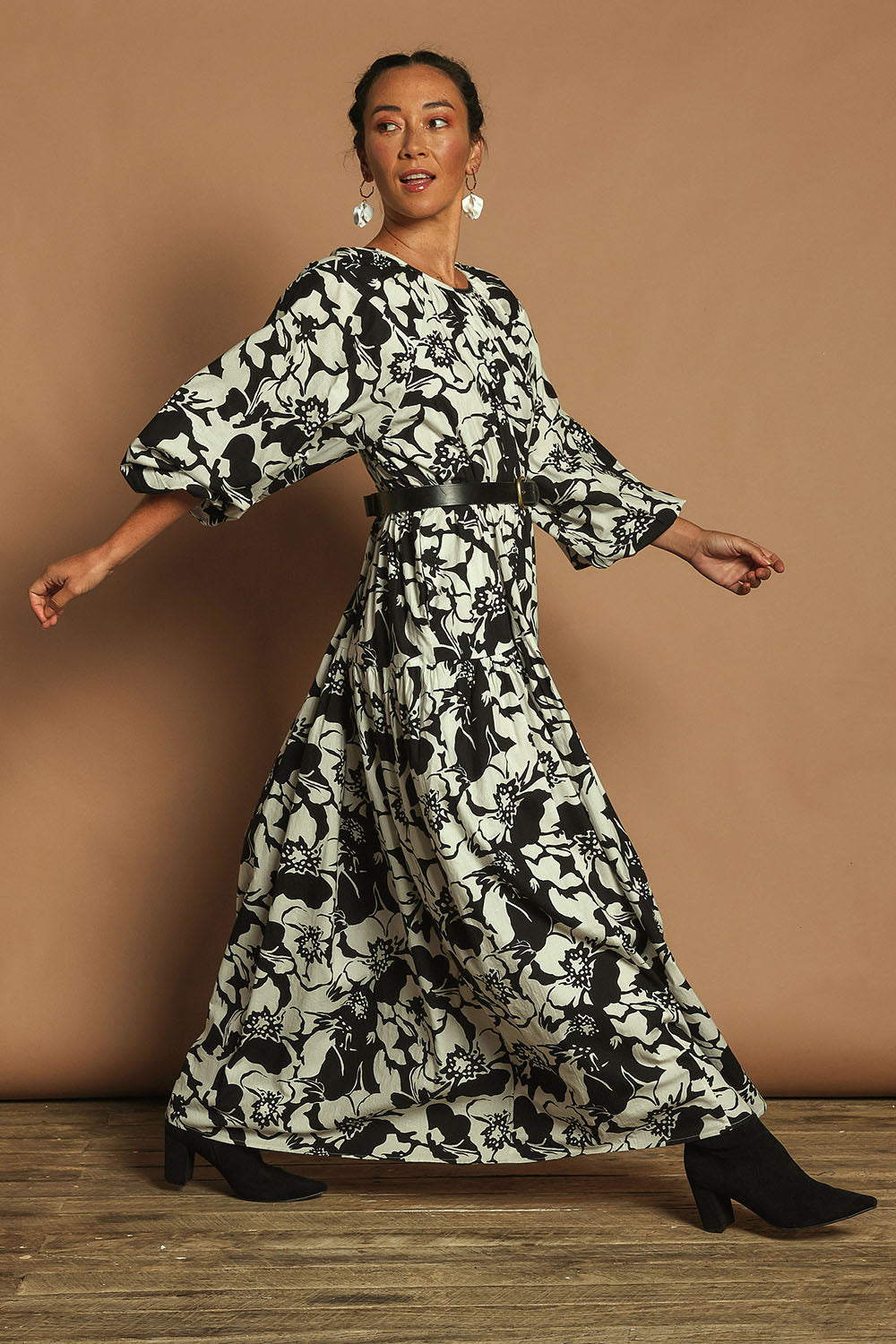 Model Katie wearing size 10 of the Ruth Cotton Maxi Dress in colour Windfleur (Black), from the front, showing the whole outfit