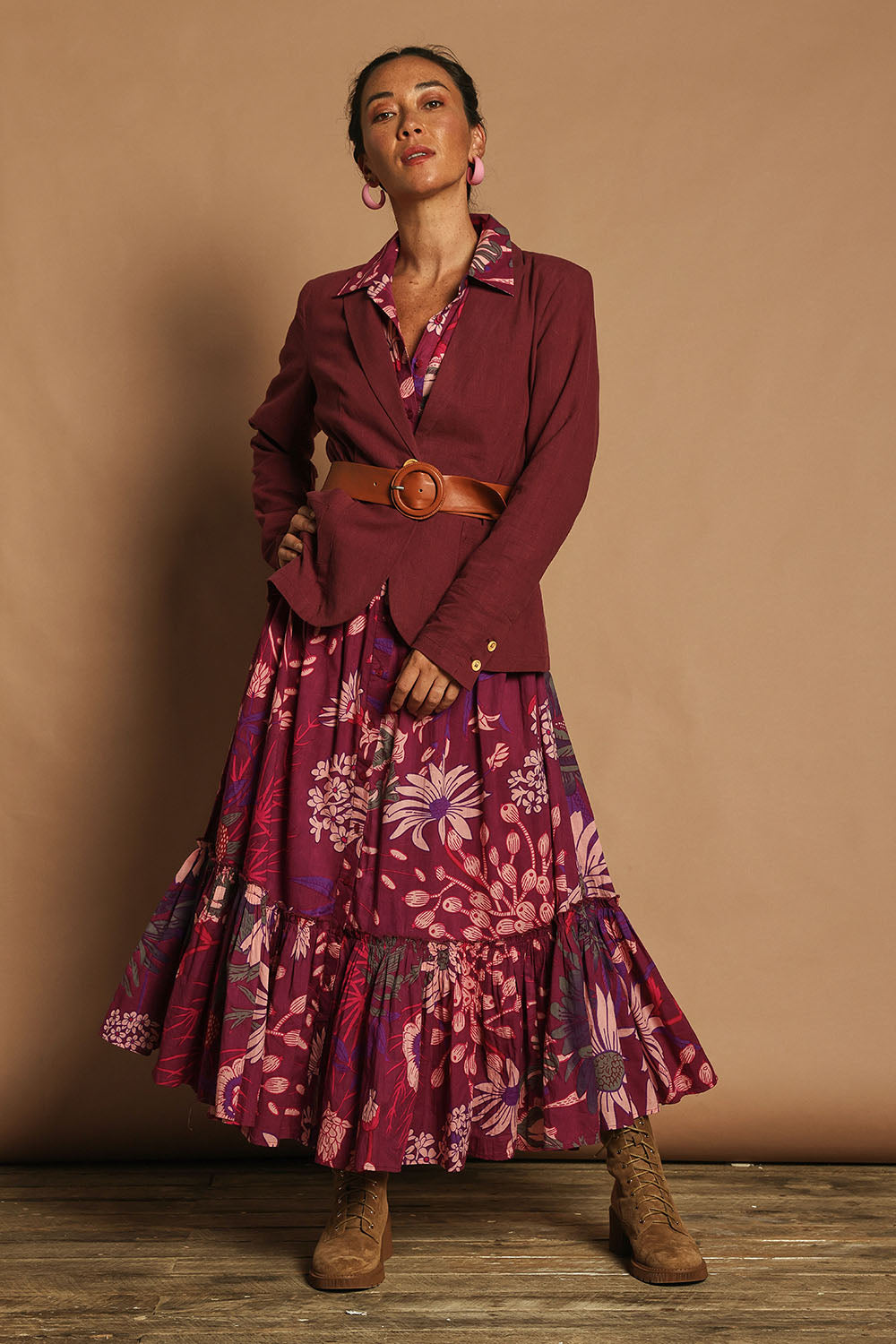Model Katie wearing size 10 of the Nicole Cotton Maxi Dress in colour Garden (Purple), from the front, showing the whole outfit