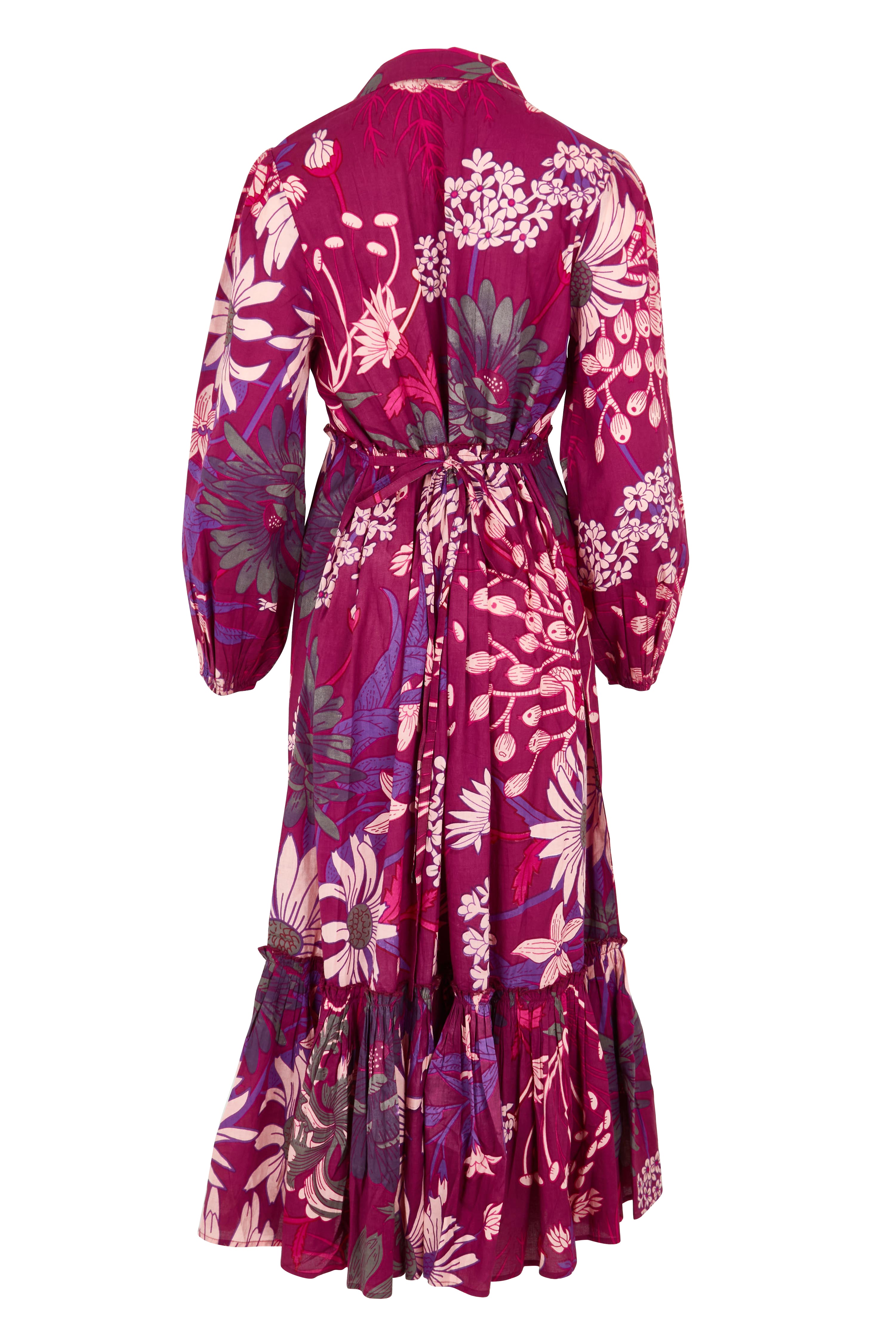 Product shot of the Nicole Cotton Maxi Dress in colour Garden (Purple), from the back