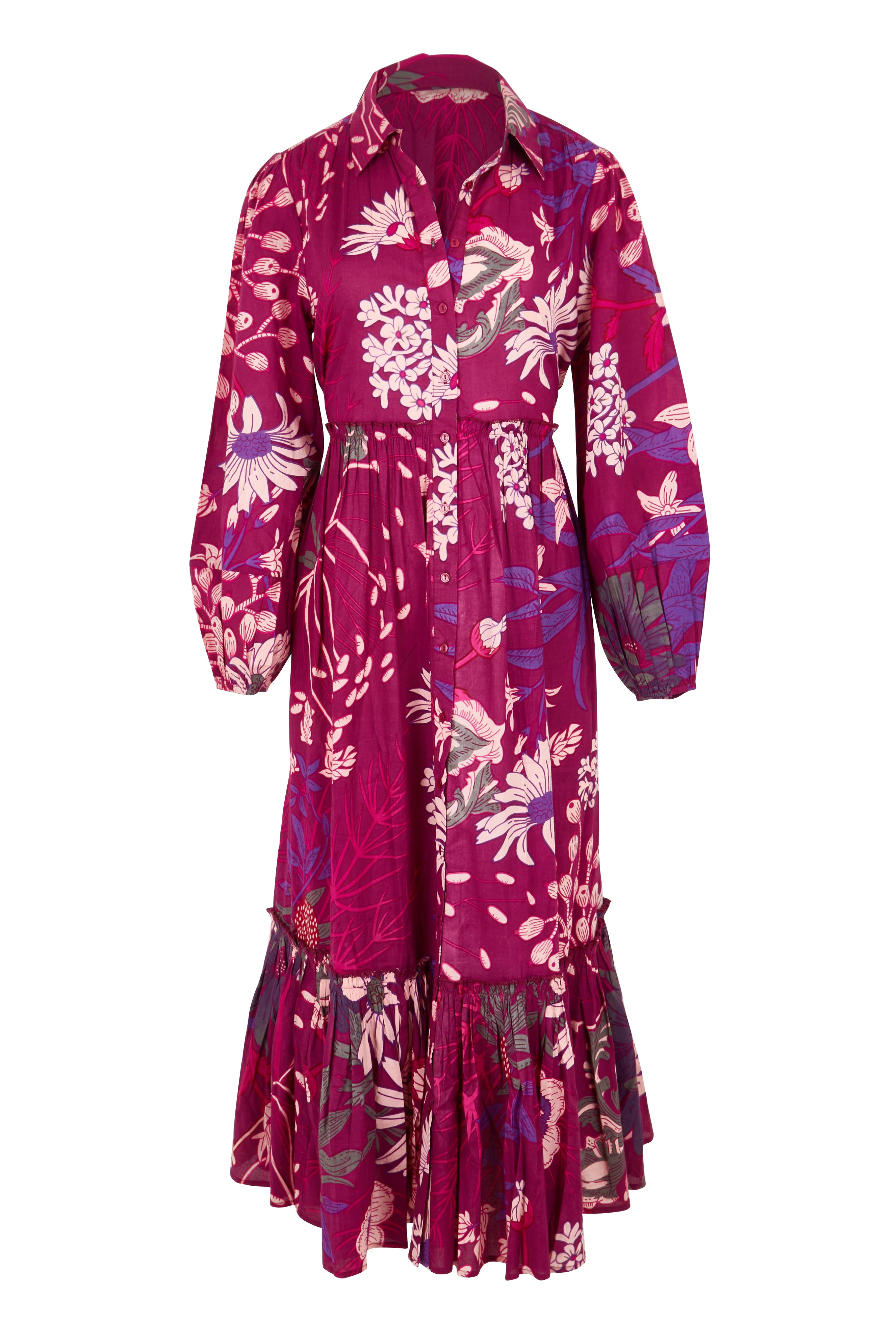 Product shot of the Nicole Cotton Maxi Dress in colour Garden (Purple), from the front