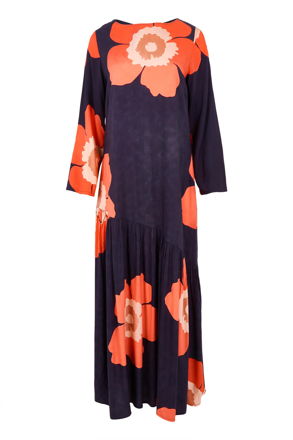 Product shot of the Ola Asymmetric Seam Dress in colour Boldflower (Blue), from the front