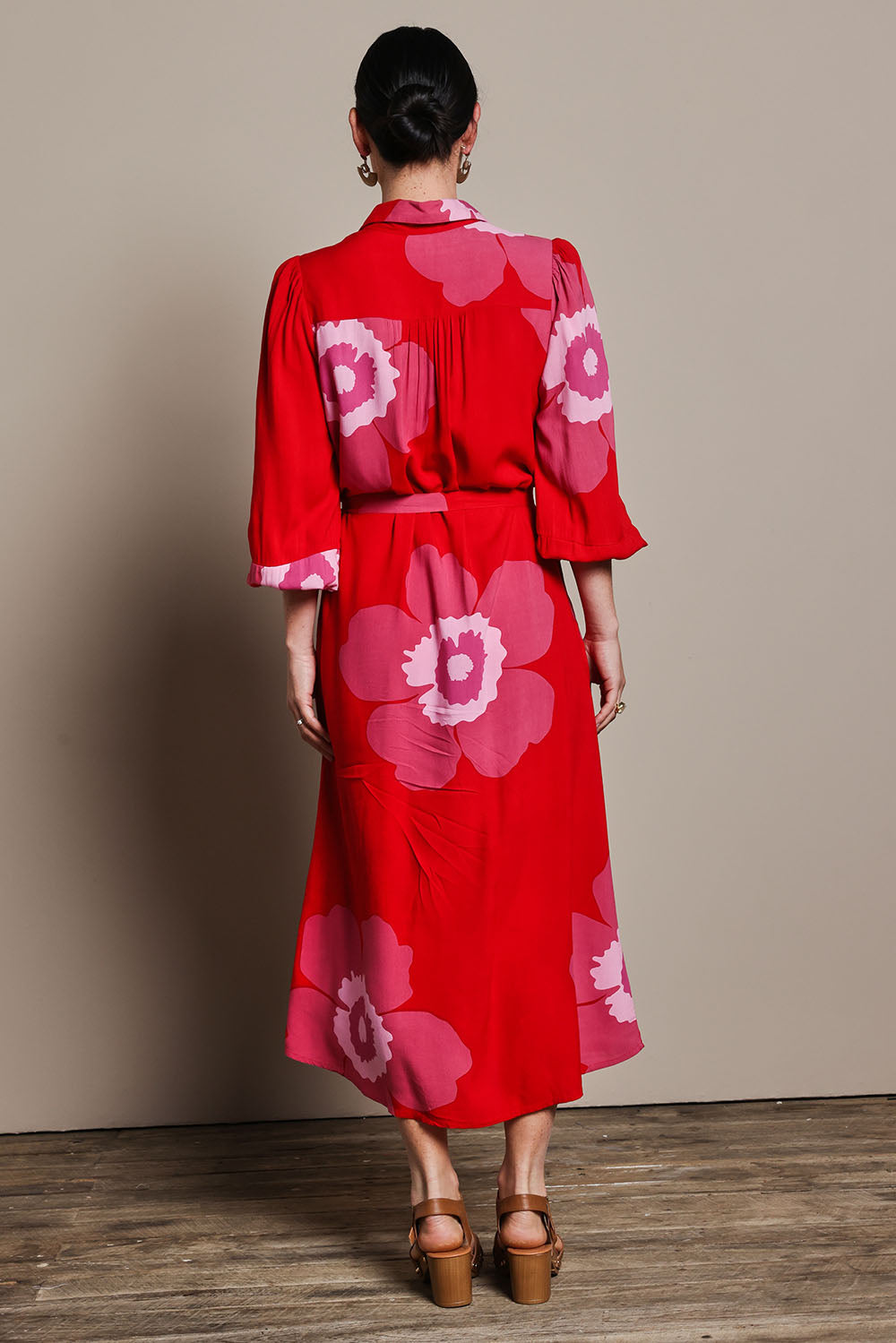 Model Katie wearing size 10 of the Leah Midi Shirt Dress in colour Boldred (Red), from the back
