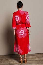 Model Katie wearing size 10 of the Leah Midi Shirt Dress in colour Boldred (Red), from the back