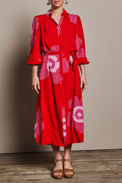 Model Katie wearing size 10 of the Leah Midi Shirt Dress in colour Boldred (Red), from the front, cropped image