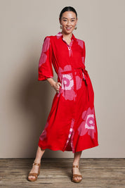 Model Katie wearing size 10 of the Leah Midi Shirt Dress in colour Boldred (Red), from the front, showing the whole outfit