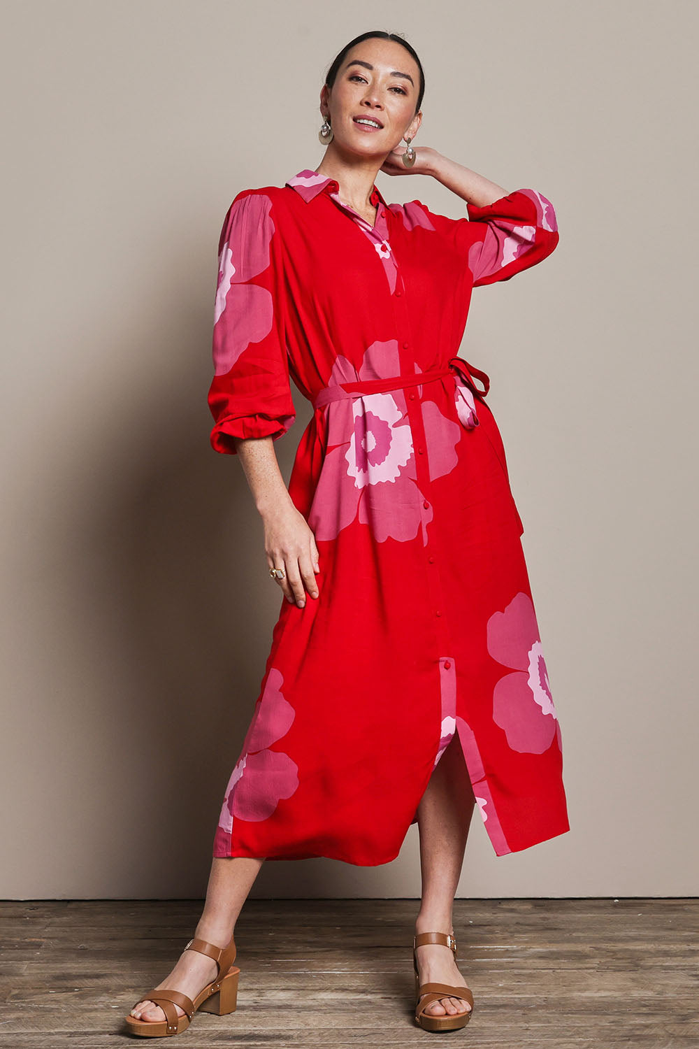 Model Katie wearing size 10 of the Leah Midi Shirt Dress in colour Boldred (Red), from the front, showing the whole outfit