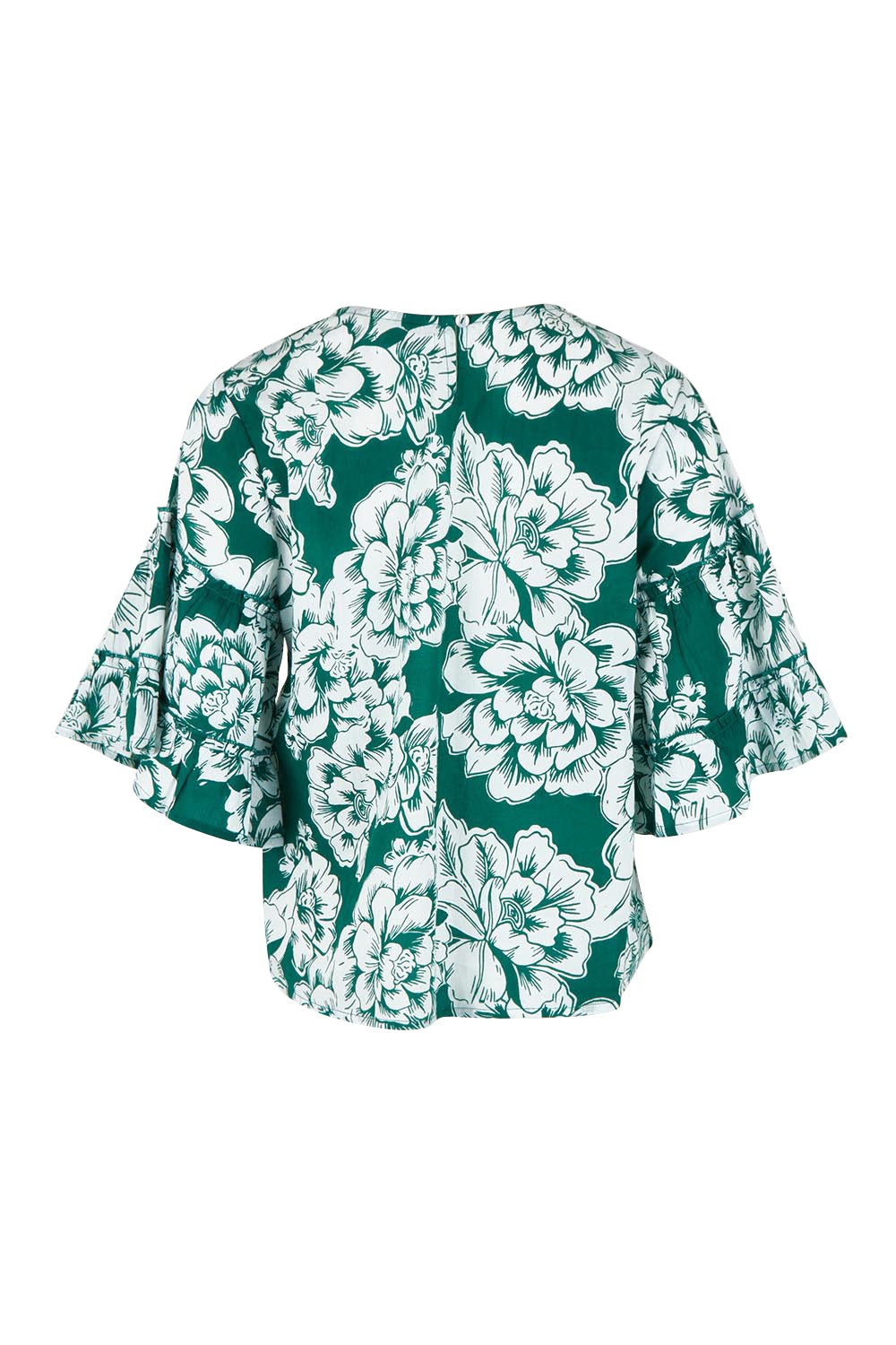 Product shot of the Kylie Frill Sleeve Cotton Top in colour Blooming (Green), from the back