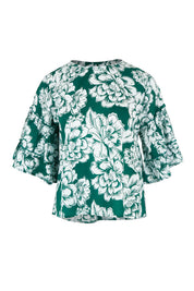 Product shot of the Kylie Frill Sleeve Cotton Top in colour Blooming (Green), from the front