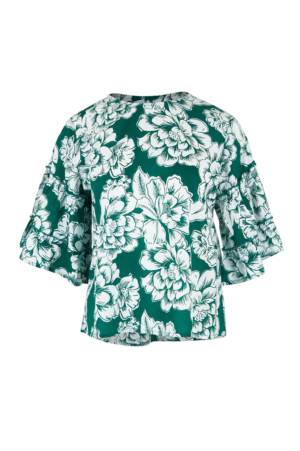 Product shot of the Kylie Frill Sleeve Cotton Top in colour Blooming (Green), from the front