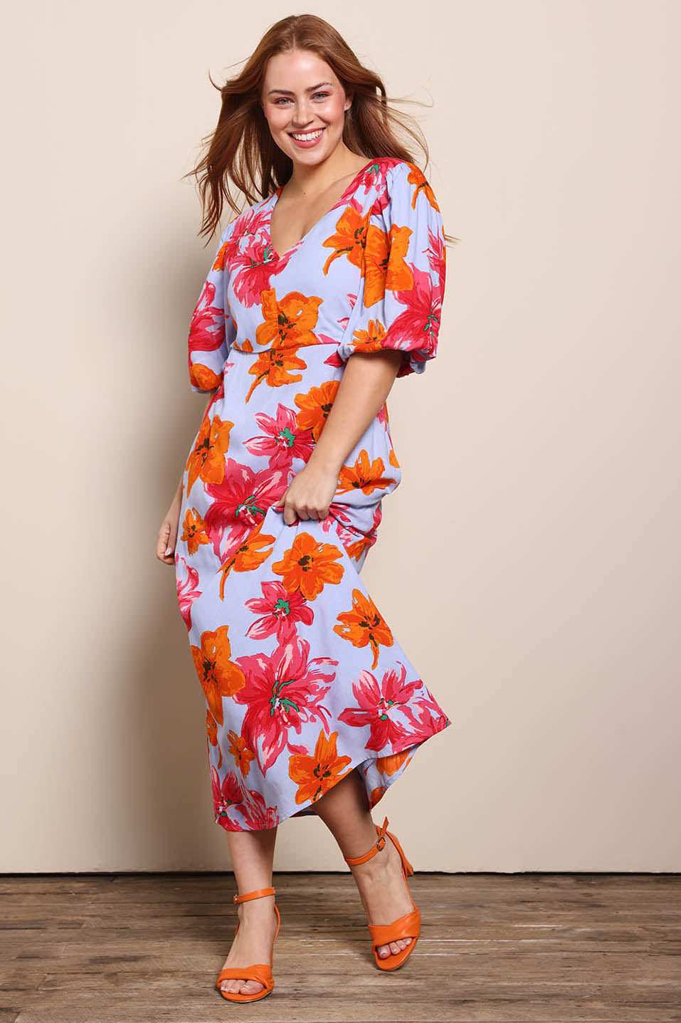 Model Georgiel wearing size 10 of the Jamie A-Line Dress – Flora in colour Flora, from the front