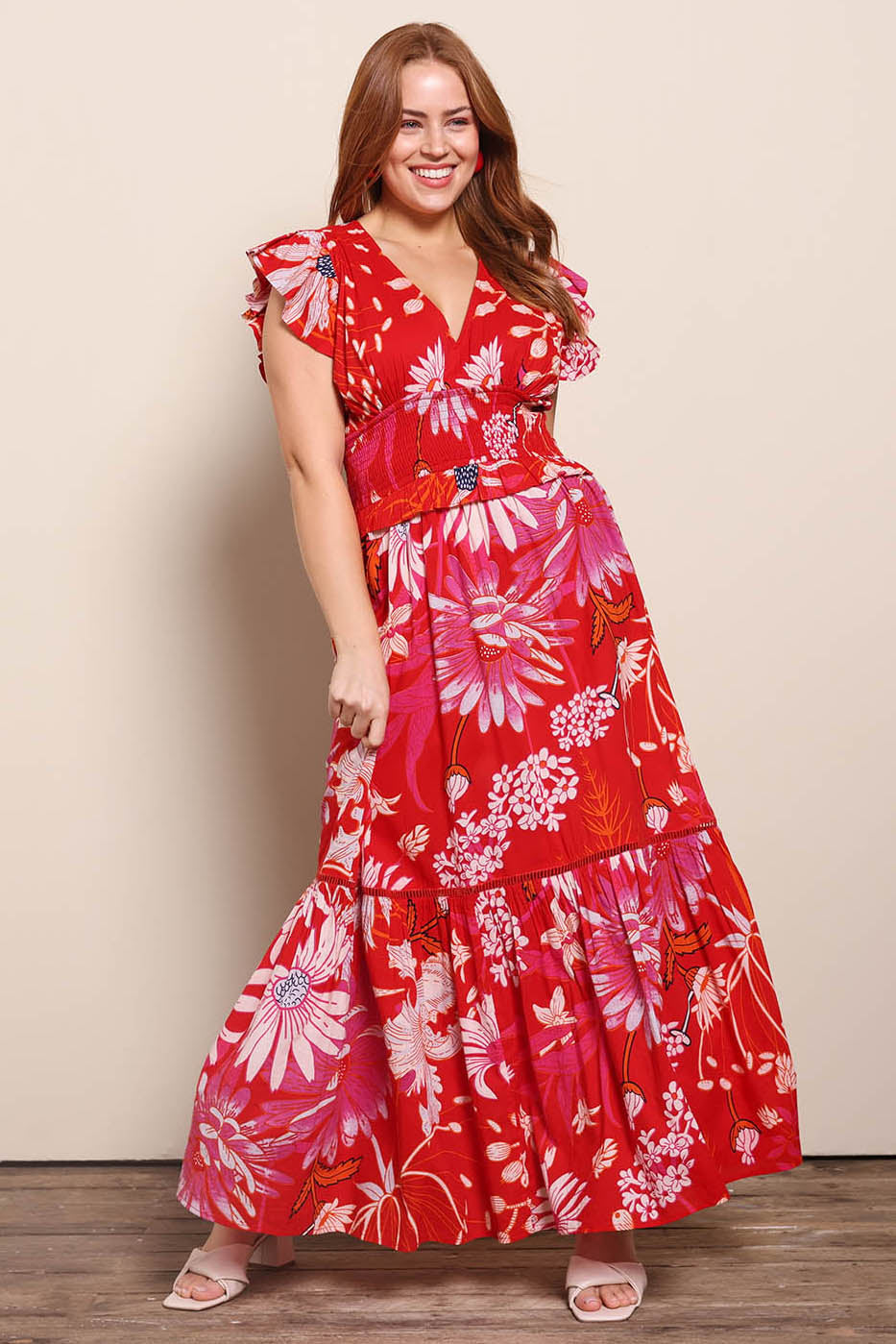 Model Georgiel wearing size 10 of the Georgina Cotton Maxi Dress – Redgarden in colour Redgarden, from the front