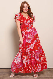 Model Georgiel wearing size 10 of the Georgina Cotton Maxi Dress – Redgarden in colour Redgarden, from the front
