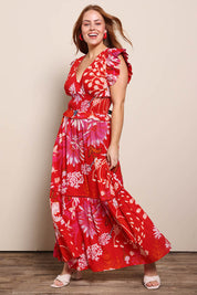 Model Georgiel wearing size 10 of the Georgina Cotton Maxi Dress – Redgarden in colour Redgarden, from the front