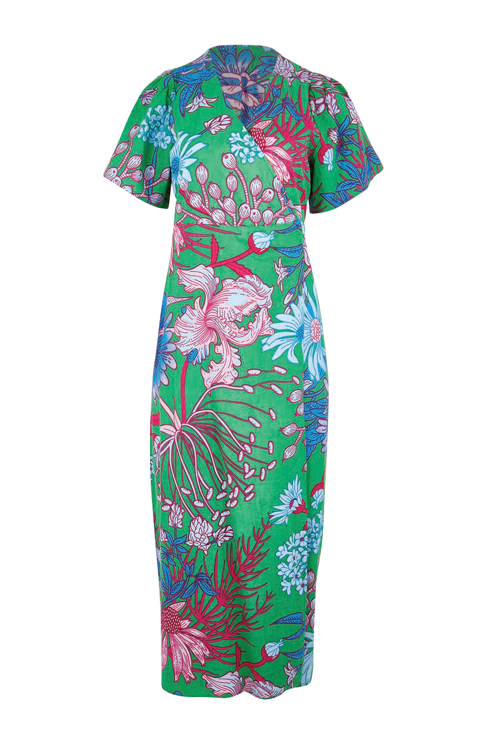 Product shot of the Lilly Cotton Wrap Dress – Greengard in colour Greengard, from the front